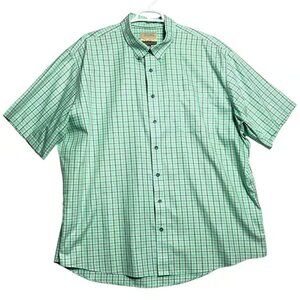 Cabelas Shirt Mens 3XL Tall Green Plaid Cotton Short Sleeve Button Down